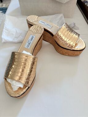 Jimmy Choo Metallic Gold Croc-Embossed Cork Wedge Slides, Size 38